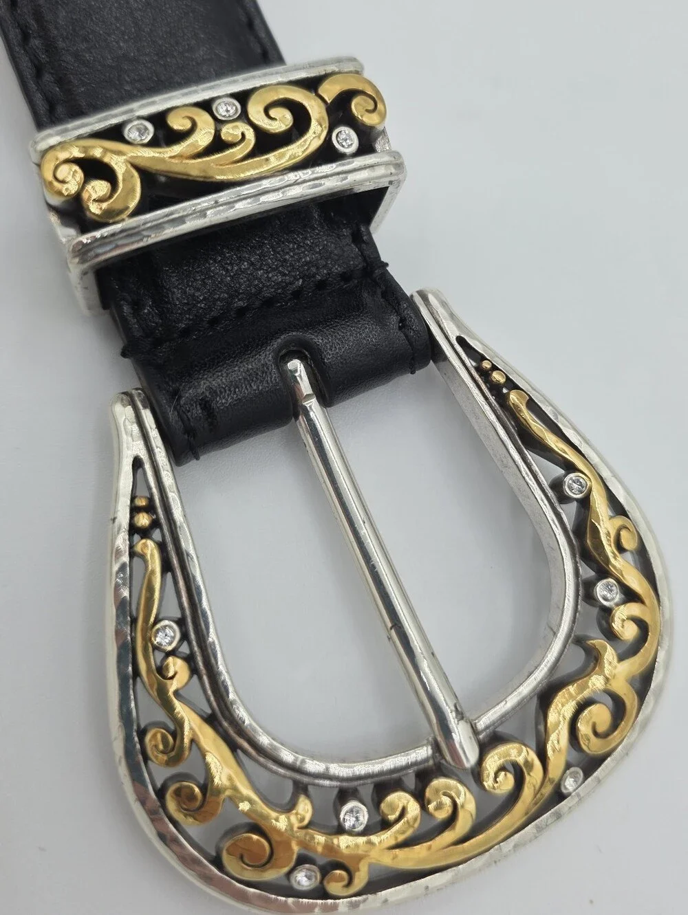 Brighton B60293 Black Leather Belt Retired Two Tone Scroll Buckle Size 38